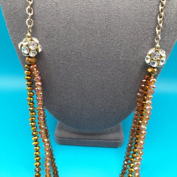 Long Crystal Necklace, Three Crystal Strands, Clear Rhinestone Beads, 37 Inches - Picture 3 of 10